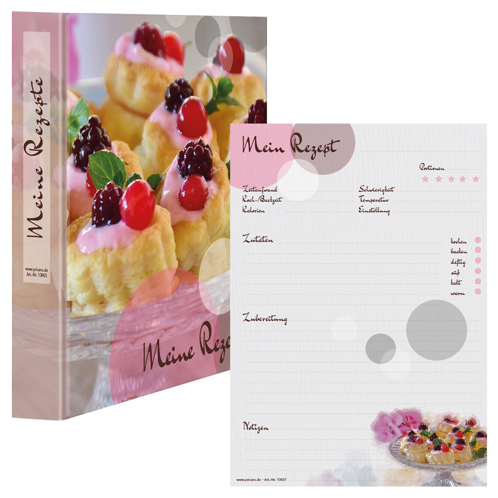 rezeptordner und rezeptblock sweet pate, a4, rosa-grau optik mit kleinen pasteten, frontansicht