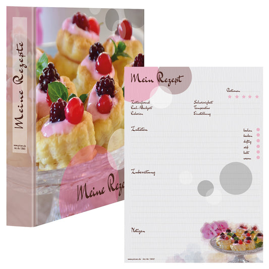 rezeptordner und rezeptblock sweet pate, a4, rosa-grau optik mit kleinen pasteten, frontansicht
