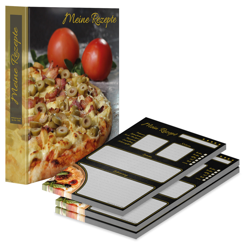 rezeptordner und rezeptblock pizza toscana, a4, schwarz-bunte optik mit abgebildeter pizza