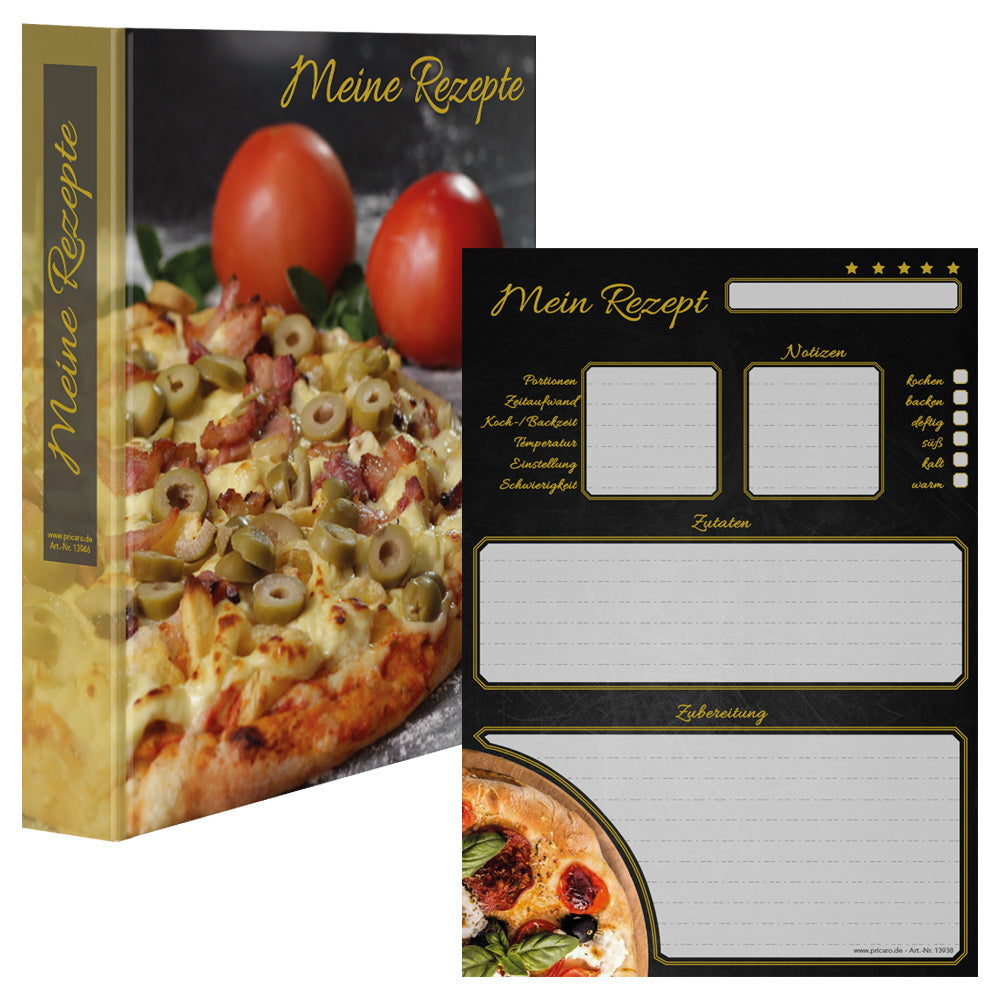 rezeptordner und rezeptblock pizza toscana, a4, schwarz-bunte optik mit abgebildeter pizza, frontansicht