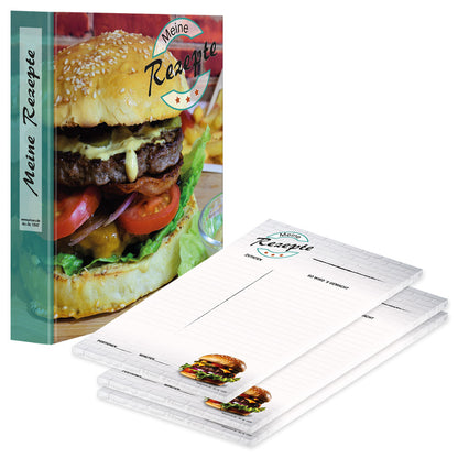 rezeptordner und rezeptblock american burger, a4, bunte optik mit abgebildetem burger