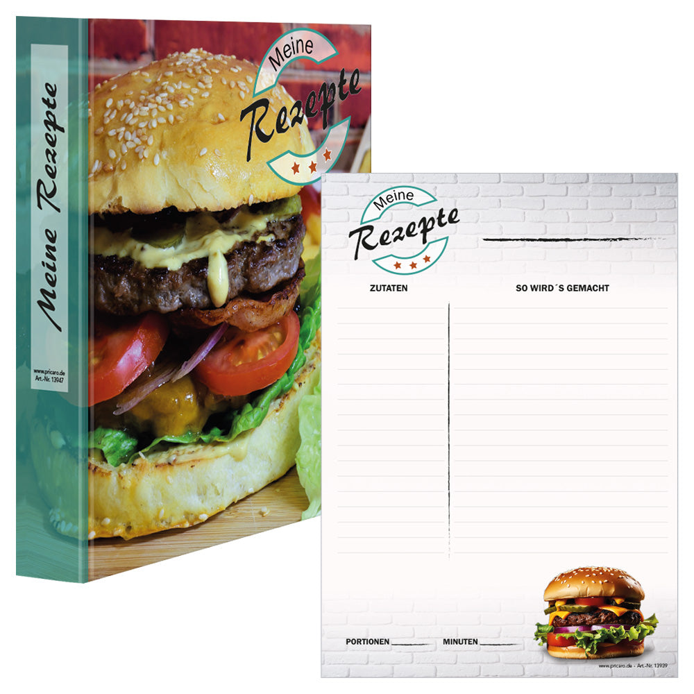 rezeptordner und rezeptblock american burger, a4, bunte optik mit abgebildetem burger, frontansicht