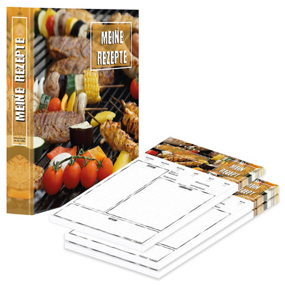 rezeptordner und rezeptblock bbq, a4, bunte optik mit abgebildeten grill- und gemüsespießen