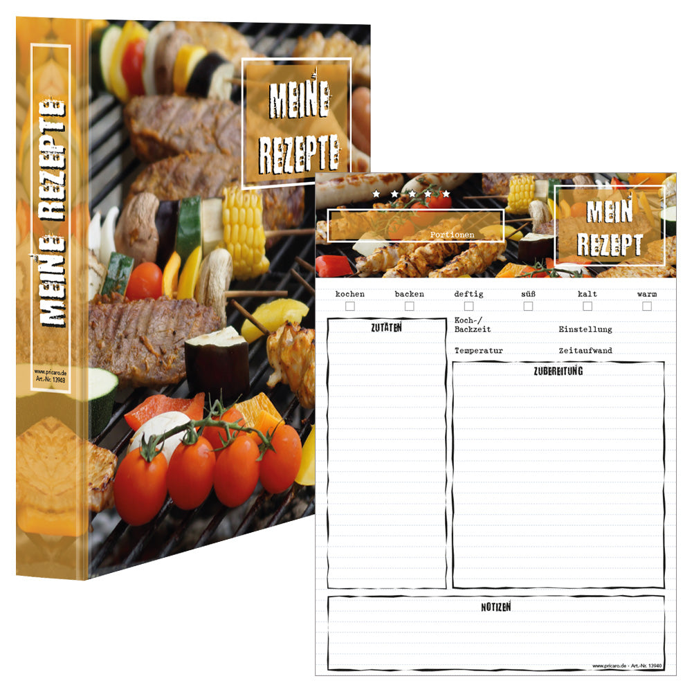 rezeptordner und rezeptblock bbq, a4, bunte optik mit abgebildeten grill- und gemüsespießen, frontansicht