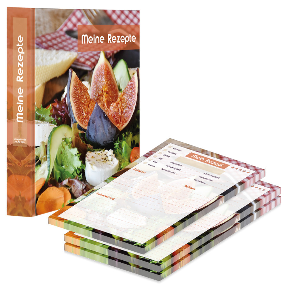 rezeptordner und rezeptblock french salad, a5, bunte optik mit abgebildetem salat mit ziegenkäse und feigen