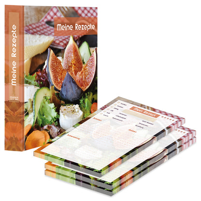 rezeptordner und rezeptblock french salad, a5, bunte optik mit abgebildetem salat mit ziegenkäse und feigen