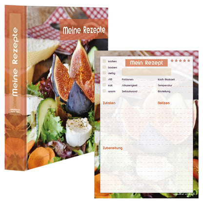 rezeptordner und rezeptblock french salad, a5, bunte optik mit abgebildetem salat mit ziegenkäse und feigen, frontansicht