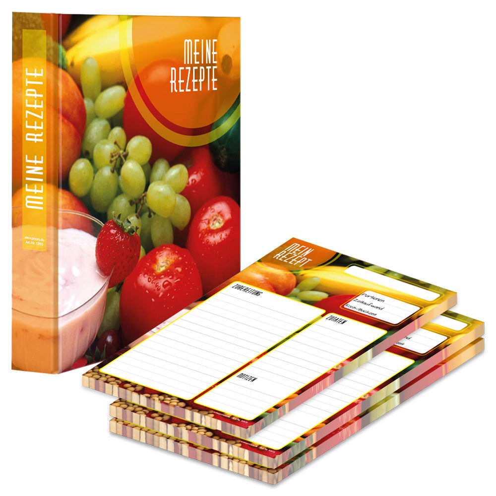 rezeptordner und rezeptblock bunte zutaten, a5, bunte optik mit abgebildetem obst und gemüse