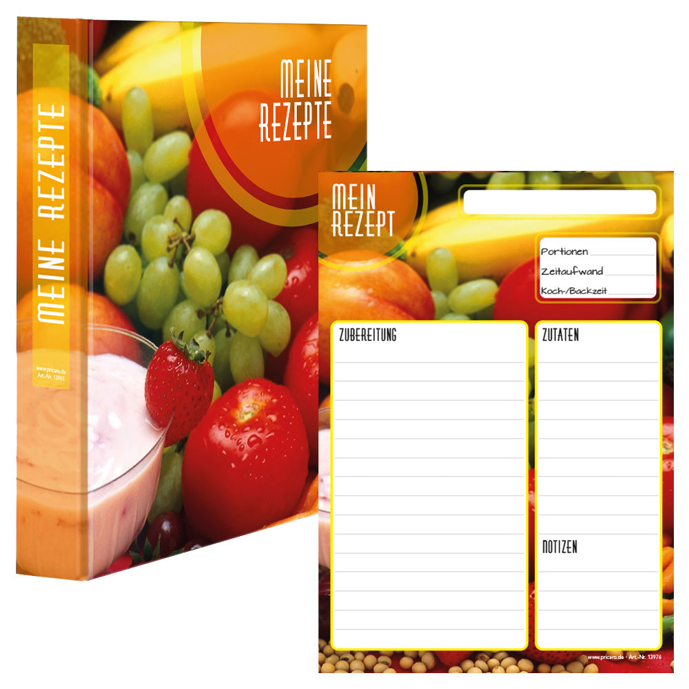 rezeptordner und rezeptblock bunte zutaten, a5, bunte optik mit abgebildetem obst und gemüse, frontansicht