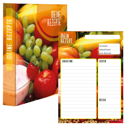 rezeptordner und rezeptblock bunte zutaten, a5, bunte optik mit abgebildetem obst und gemüse, frontansicht