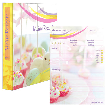 rezeptordner und rezeptblock cake pop, a5, bunte optik mit abgebildeten cake pops und osterdeko, frontansicht