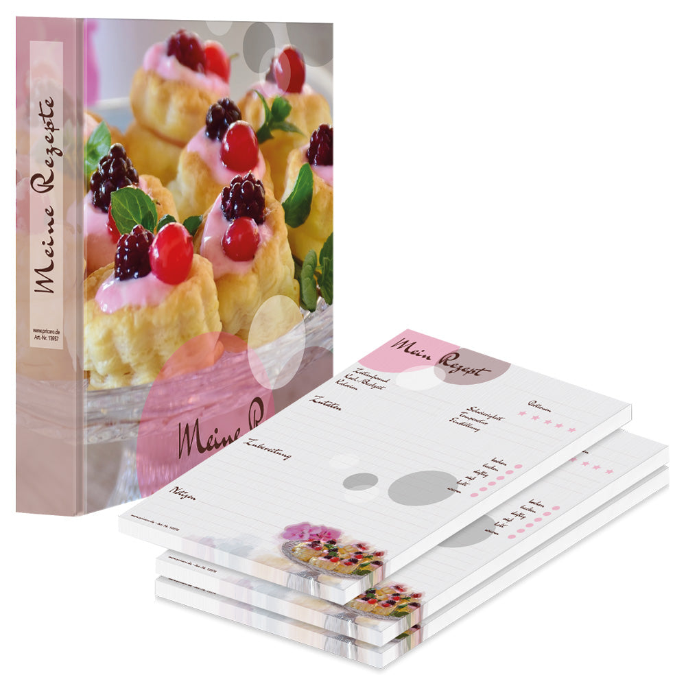 rezeptordner und rezeptblock sweet pate, a5, bunte optik mit abgebildeten kleinen törtchen