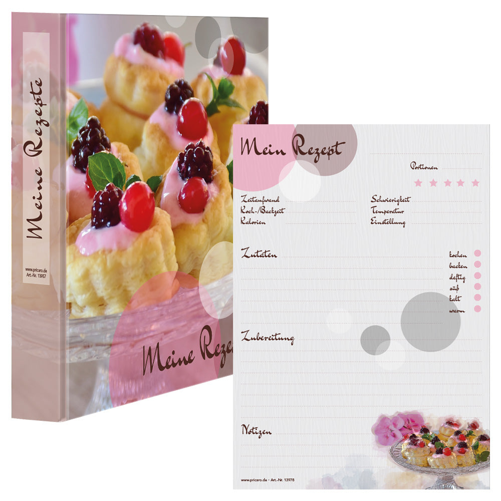 rezeptordner und rezeptblock sweet pate, a5, bunte optik mit abgebildeten kleinen törtchen, frontansicht