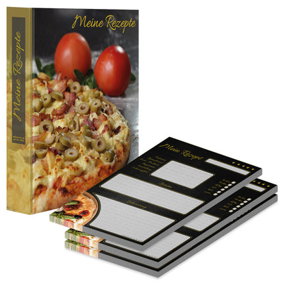 rezeptordner und rezeptblock pizza toscana, a5, schwarz-bunte optik mit abgebildeter pizza