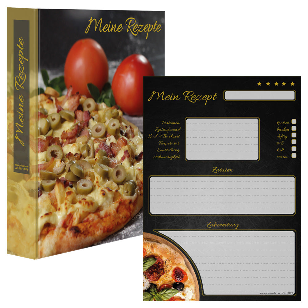 rezeptordner und rezeptblock pizza toscana, a5, schwarz-bunte optik mit abgebildeter pizza, frontansicht