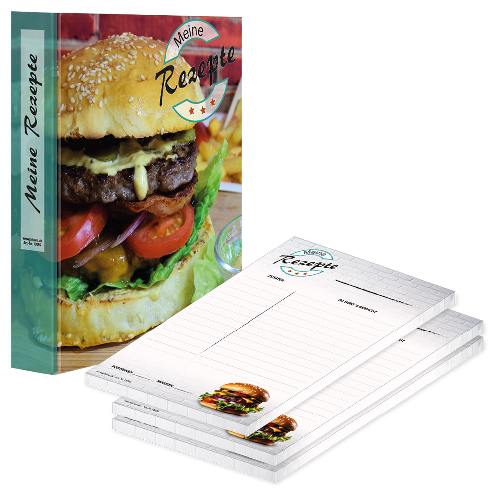 rezeptordner und rezeptblock american burger, a5, bunte optik mit abgebildetem burger