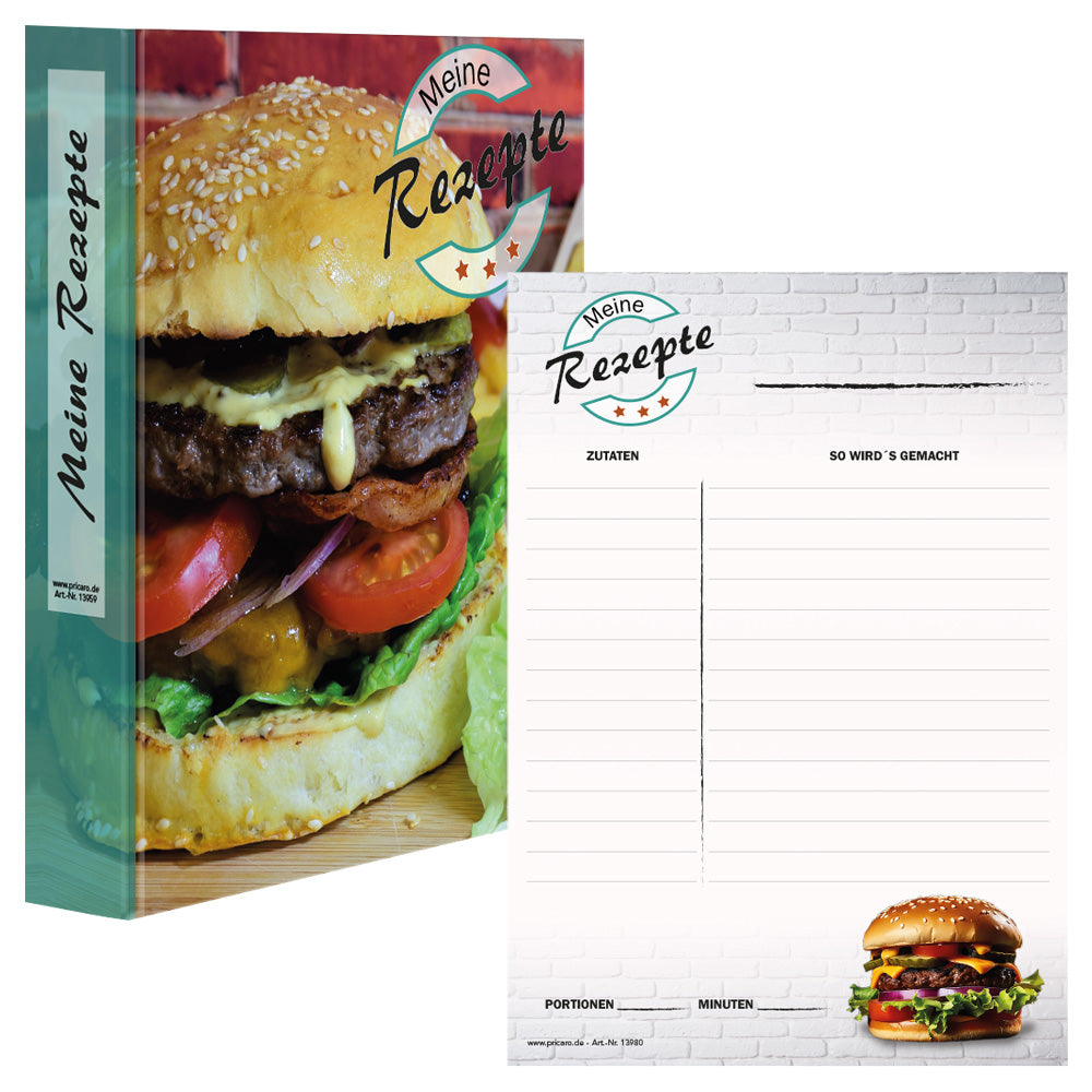 rezeptordner und rezeptblock american burger, a5, bunte optik mit abgebildetem burger, frontansicht