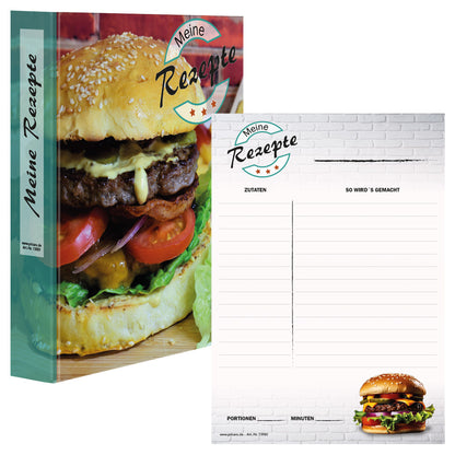 rezeptordner und rezeptblock american burger, a5, bunte optik mit abgebildetem burger, frontansicht