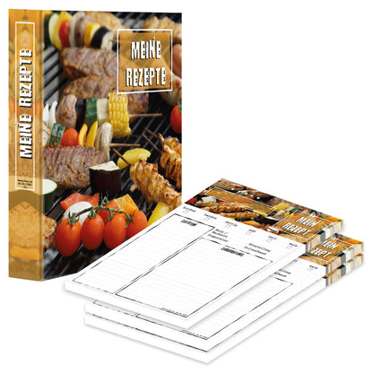 rezeptordner und rezeptblock bbq, a5, bunte optik mit abgebildeten grill- und gemüsespießen