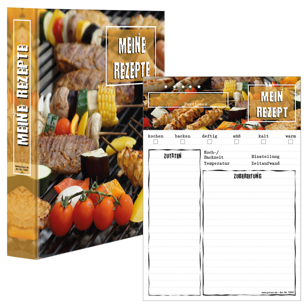 rezeptordner und rezeptblock bbq, a5, bunte optik mit abgebildeten grill- und gemüsespießen, frontansicht