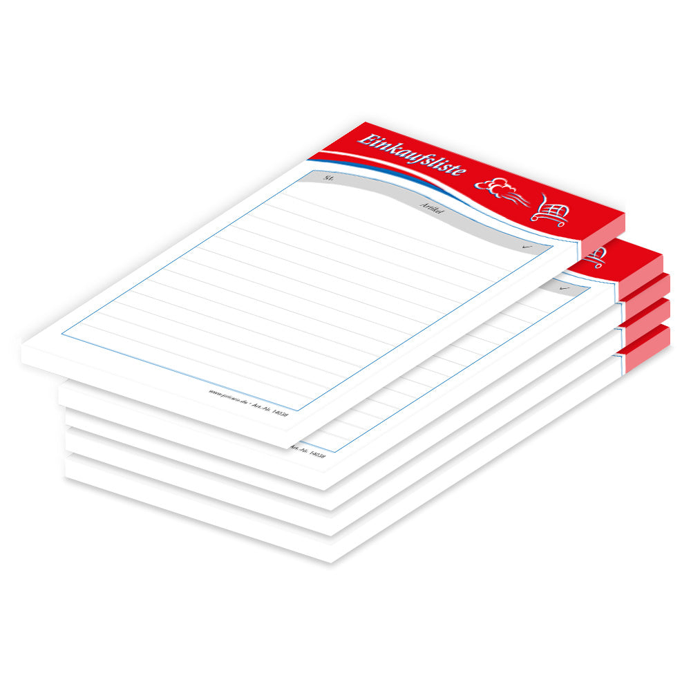 einkaufsliste speed a6, rot mit weiß-blau aufgedrucktem einkaufswagen spalten für stück und artikel, 5er set