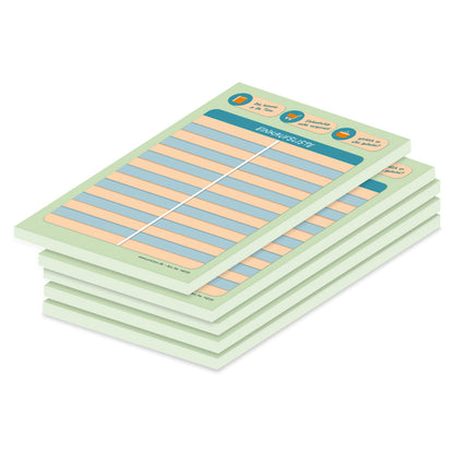 einkaufsliste icon, a6, grün-orange, gestreifte optik mit spalten für produkt und stückzahl, 5er set