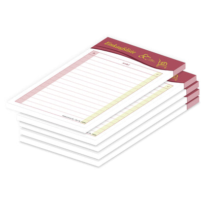 einkaufsliste speed a6, dunkelrot mit hellgrün-gelb aufgedrucktem einkaufswagen spalten für stück und artikel, 5er set