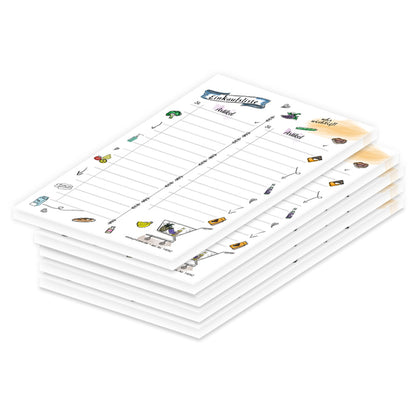 einkaufsliste comic, a6, weiß-bunte optik mit lebensmitteln im comicstil und mit spalten für artikel und stückzahl, 5er set