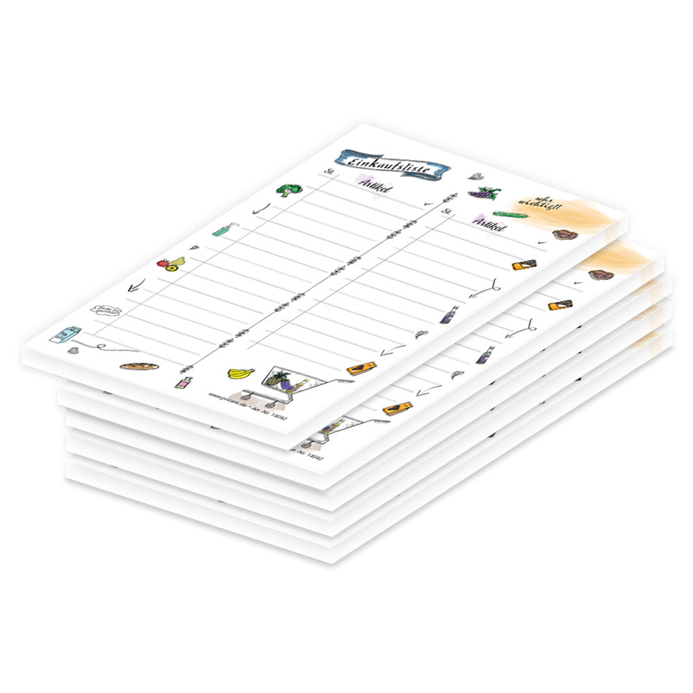 einkaufsliste comic, a6, weiß-bunte optik mit lebensmitteln im comicstil und mit spalten für artikel und stückzahl, 5er set