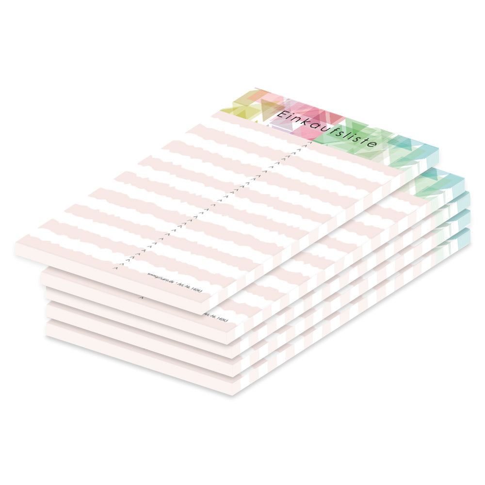 einkaufsliste mosaik, a6, rosa-bunte optik mit graphischen symbolen und mit spalten für artikel und stückzahl, 5er set