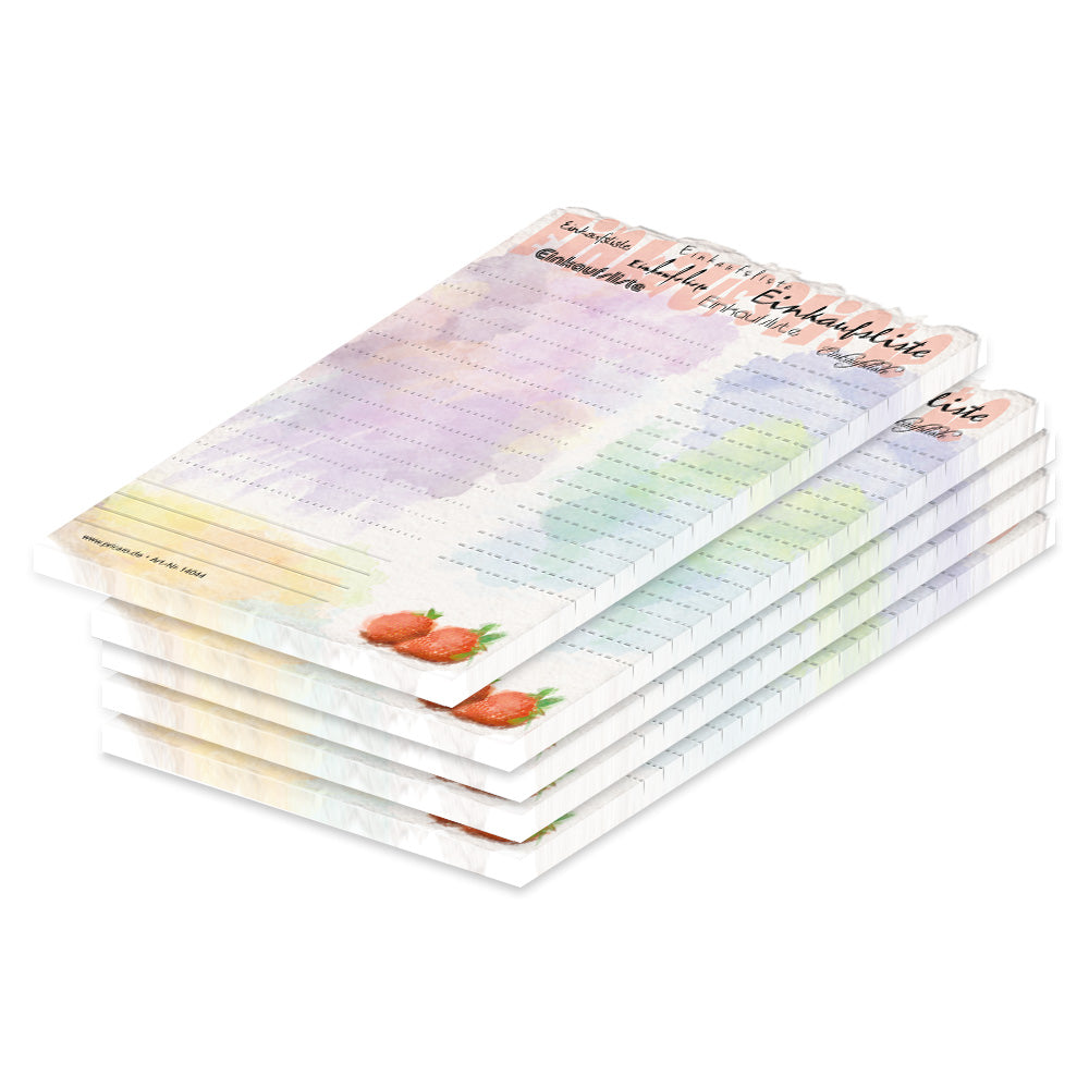 einkaufsliste aquarell, a6, rosa-bunte optik mit aufgedruckten erdbeeren und mit spalten für artikel und stückzahl, 5er set