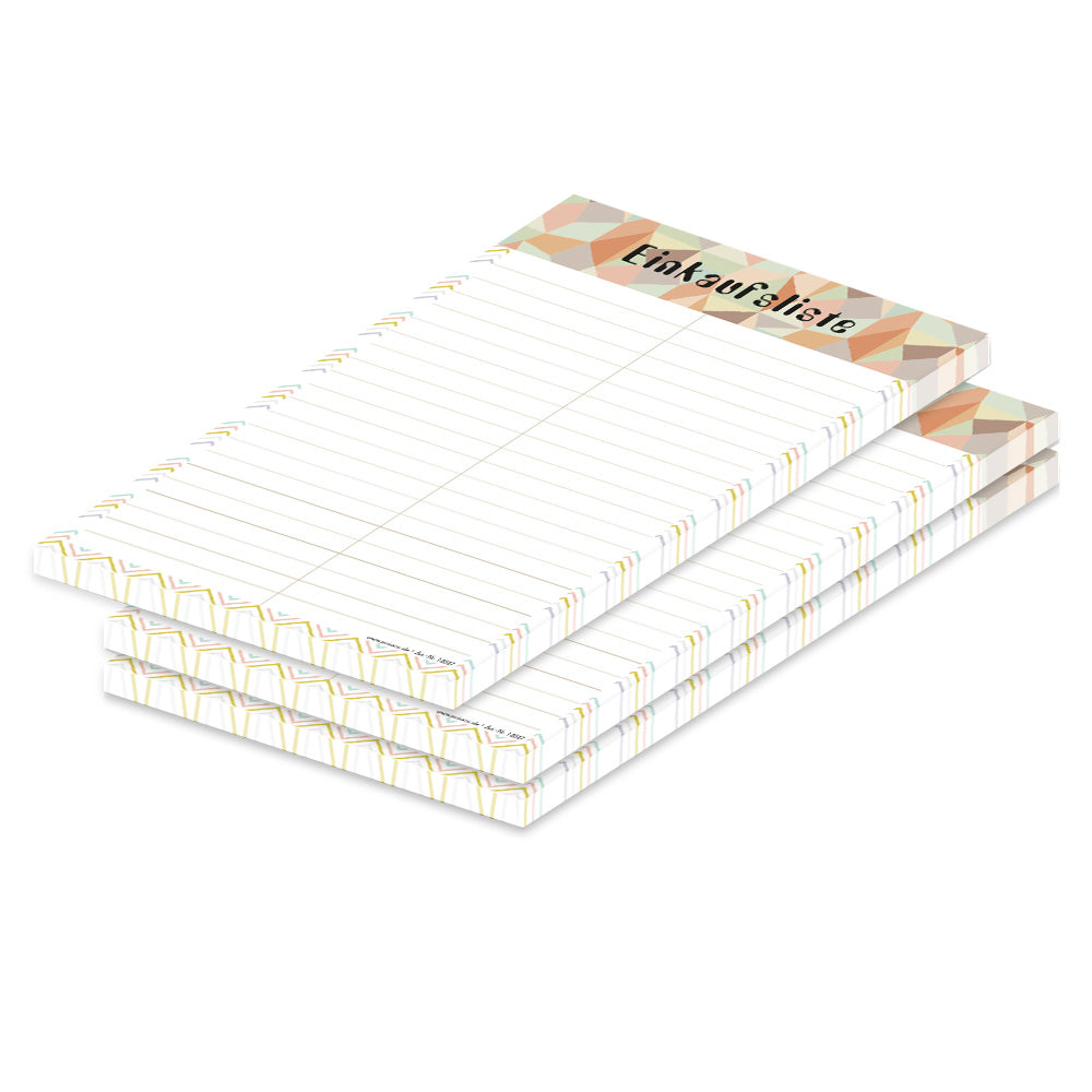 einkaufsliste zigzag, a5, orange-grüne optik mit graphischen sympolen im oberen bereich und mit spalten für artikel und stückzahl, 3er set