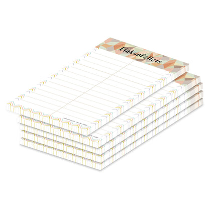 einkaufsliste zigzag, a6, orange-grüne optik mit graphischen sympolen im oberen bereich und mit spalten für artikel und stückzahl, 5er set