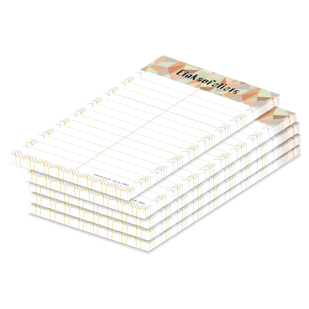 einkaufsliste zigzag, a6, orange-grüne optik mit graphischen sympolen im oberen bereich und mit spalten für artikel und stückzahl, 5er set