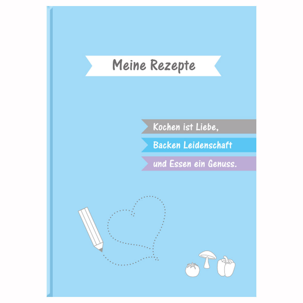 rezeptbuch "allerlei", a5, frontansicht, blau-weiße optik mit verschiedenen abbildungen von gemüse und der aufschrift meine rezepte sowie kochen ist liebe, backen leidenschaft und essen ein genuss.