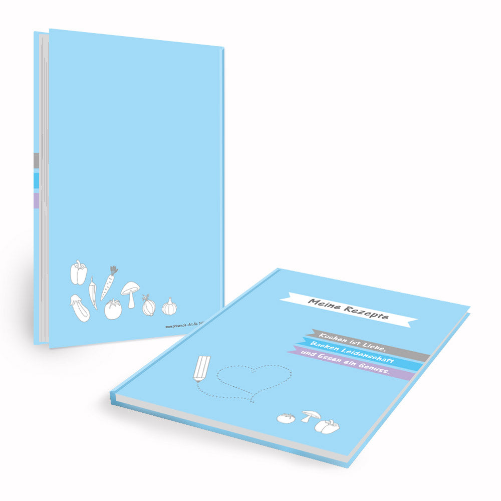 rezeptbuch "allerlei", a5, front und rückseiten ansicht, blau-weiße optik mit verschiedenen abbildungen von gemüse