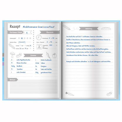 rezeptbuch "allerlei", a5, geöffnet, schwarz-weiße optik, ausfüllbeispiel