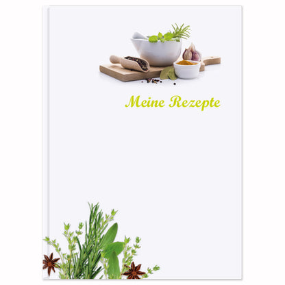rezeptbuch "gewürze", a5, frontansicht, weiße/grüne optik mit abgebildeten gewürzen und der aufschrift meine rezepte
