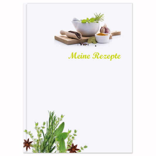 rezeptbuch "gewürze", a5, frontansicht, weiße/grüne optik mit abgebildeten gewürzen und der aufschrift meine rezepte