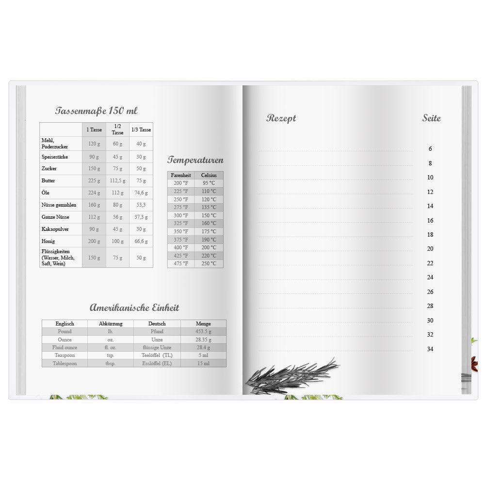 rezeptbuch "gewürze", a5, geöffnet, schwarz-weiß, mit masstabellen und inhaltsverzeichnis zum ausfüllen