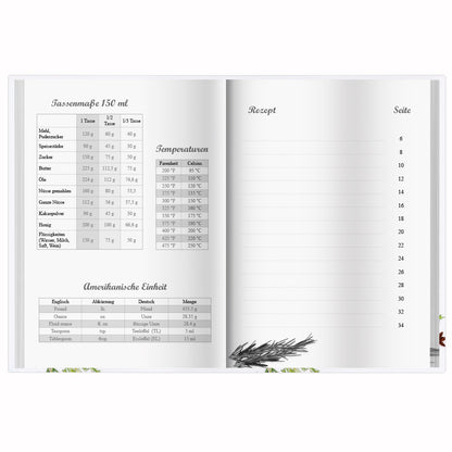 rezeptbuch "gewürze", a5, geöffnet, schwarz-weiß, mit masstabellen und inhaltsverzeichnis zum ausfüllen