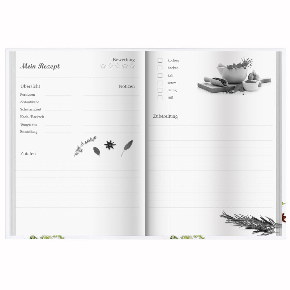 rezeptbuch "gewürze", a5, geöffnet, schwarz-weiß, mit zeilen für rezept, zutaten und zubereitungsschritte zum ausfüllen