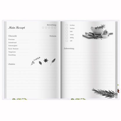 rezeptbuch "gewürze", a5, geöffnet, schwarz-weiß, mit zeilen für rezept, zutaten und zubereitungsschritte zum ausfüllen
