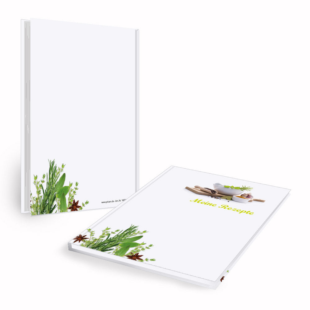 rezeptbuch "gewürze", a5, front und rückseiten ansicht, weiße/grüne optik mit abgebildeten gewürzen und der aufschrift meine rezepte