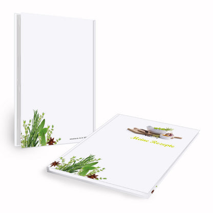 rezeptbuch "gewürze", a5, front und rückseiten ansicht, weiße/grüne optik mit abgebildeten gewürzen und der aufschrift meine rezepte