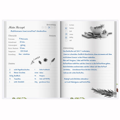 rezeptbuch "gewürze", a5, geöffnet, schwarz-weiß, ausfüllbeispiel