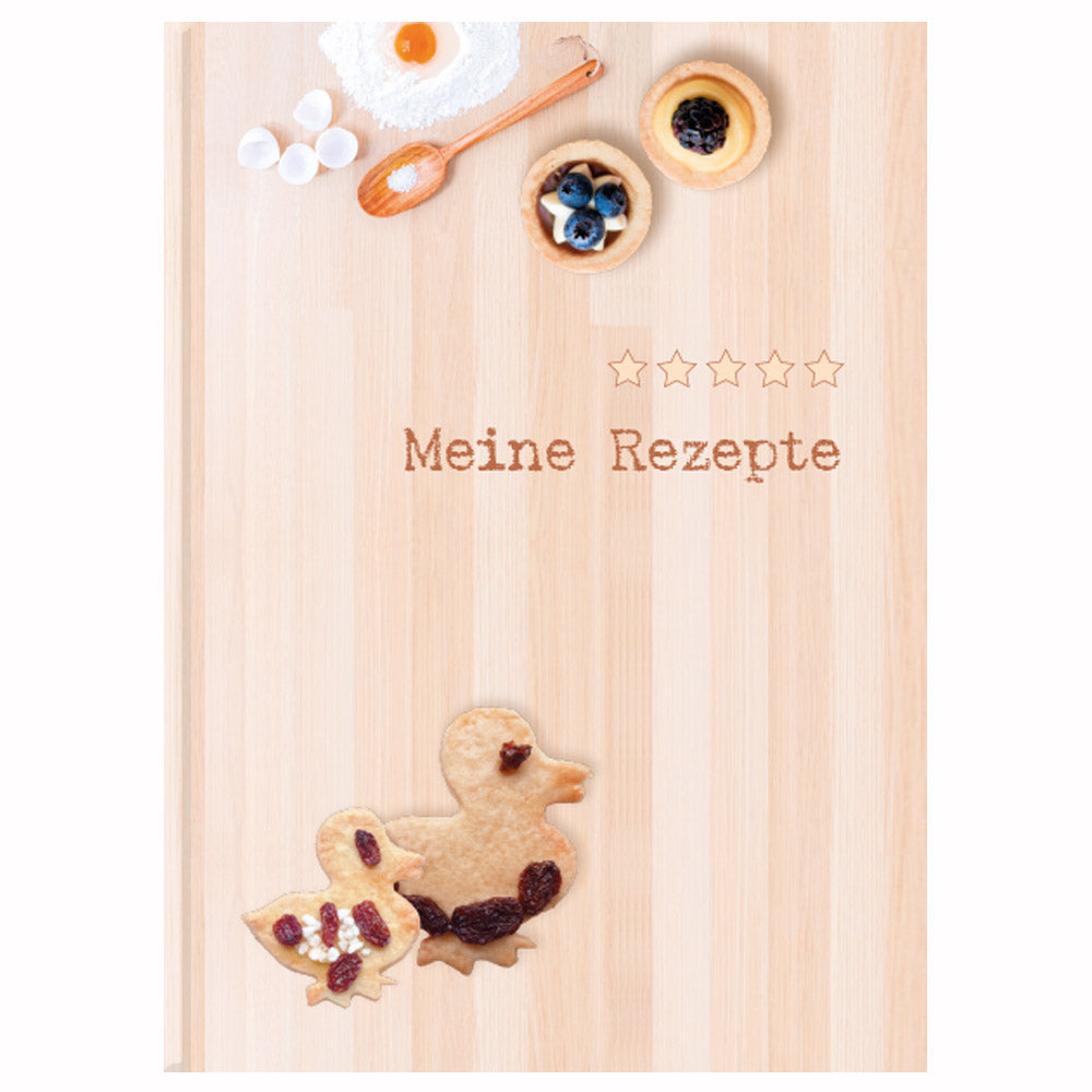 rezeptbuch "backen", beige holzoptik, frontansicht, aufschrift meine rezepte mit verschiedenen backzutaten und keksen