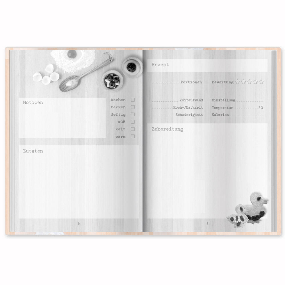 rezeptbuch "backen", geöffnet, innenseiten schwarz-weiß, platz zum notieren von notizen, zutaten und anleitungsschritte 