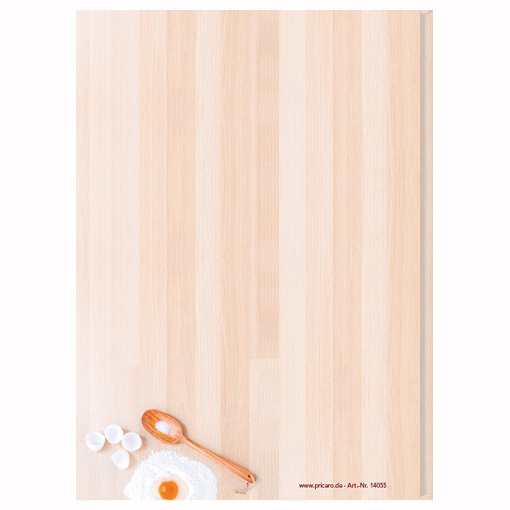 rezeptbuch "backen", beige holzoptik, rückseite mit verschiedenen backzutaten