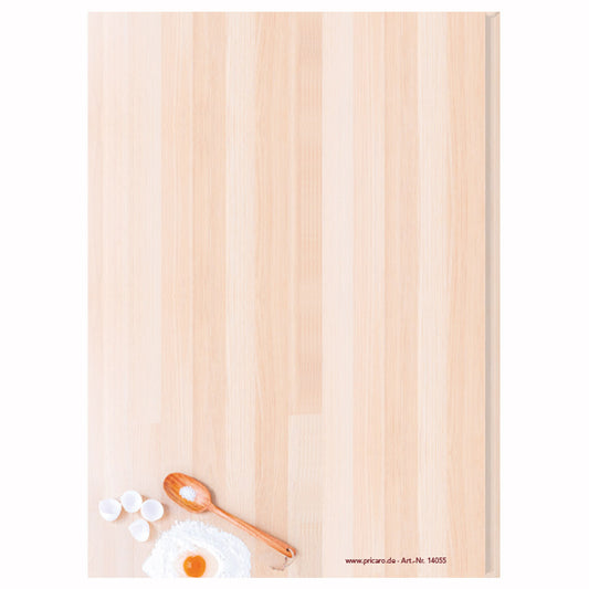 rezeptbuch "backen", beige holzoptik, rückseite mit verschiedenen backzutaten